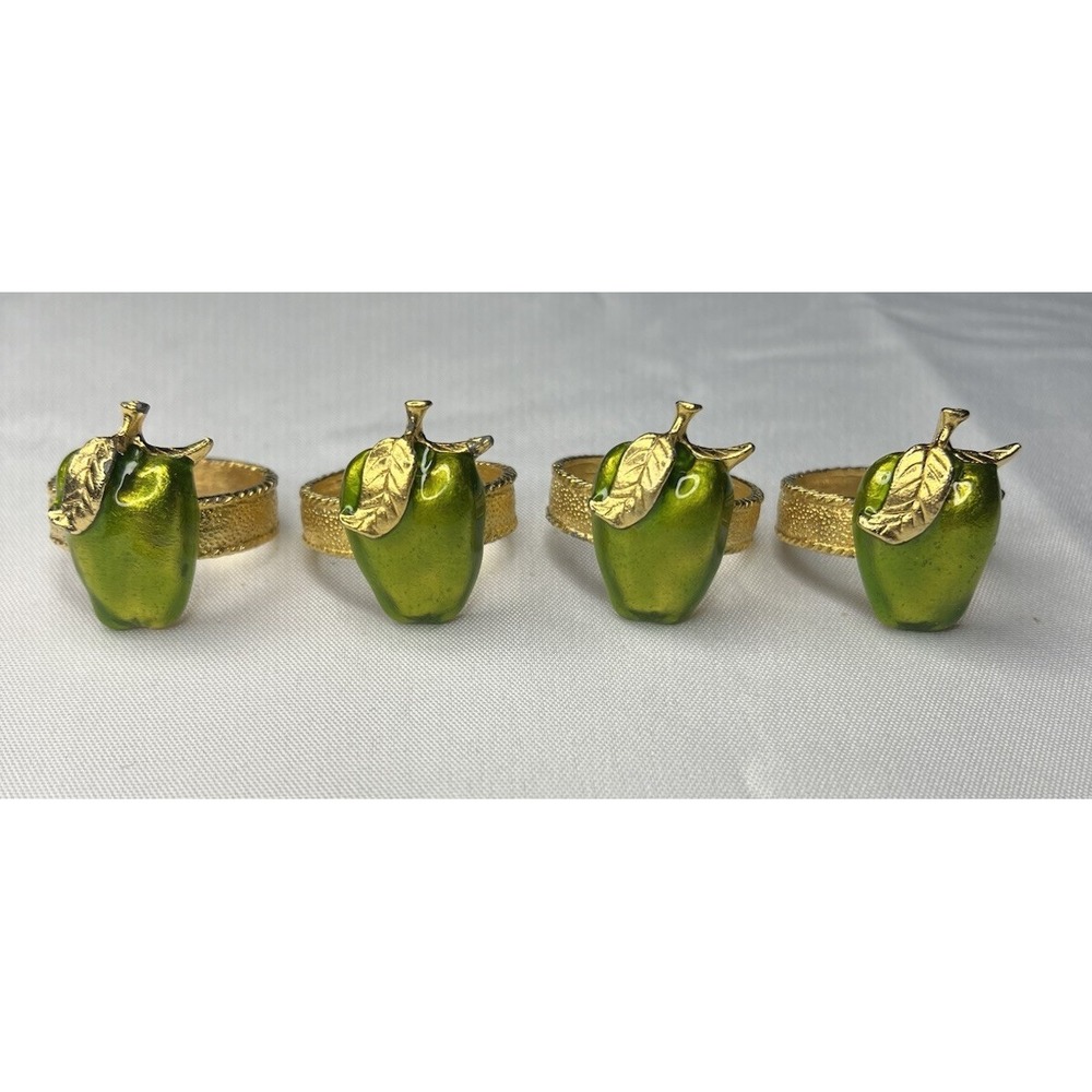 4 Green Apple Enamel Gold Tone Napkin Rings Fall Table Decor‎ Vintage Harvest